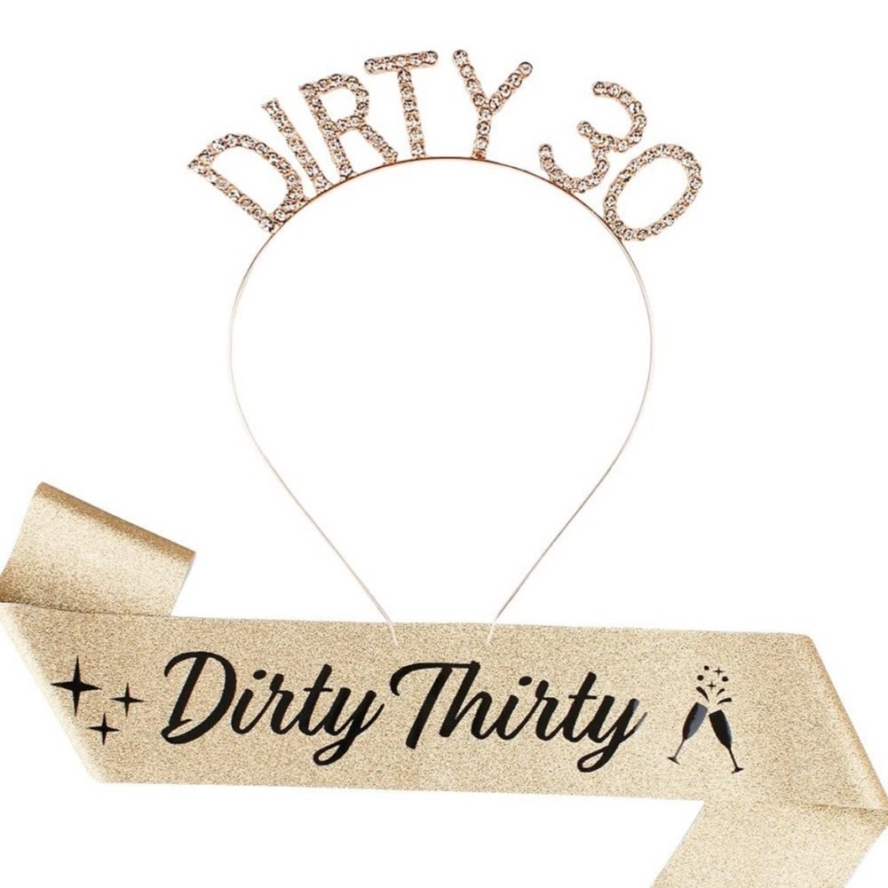 Gold Dirty 30 Headband, Sash, Pin & Straw set in Birthday box